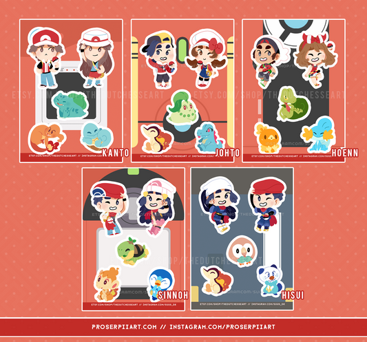 Pokemon Region Starters + Trainers Vinyl Sticker Sheets