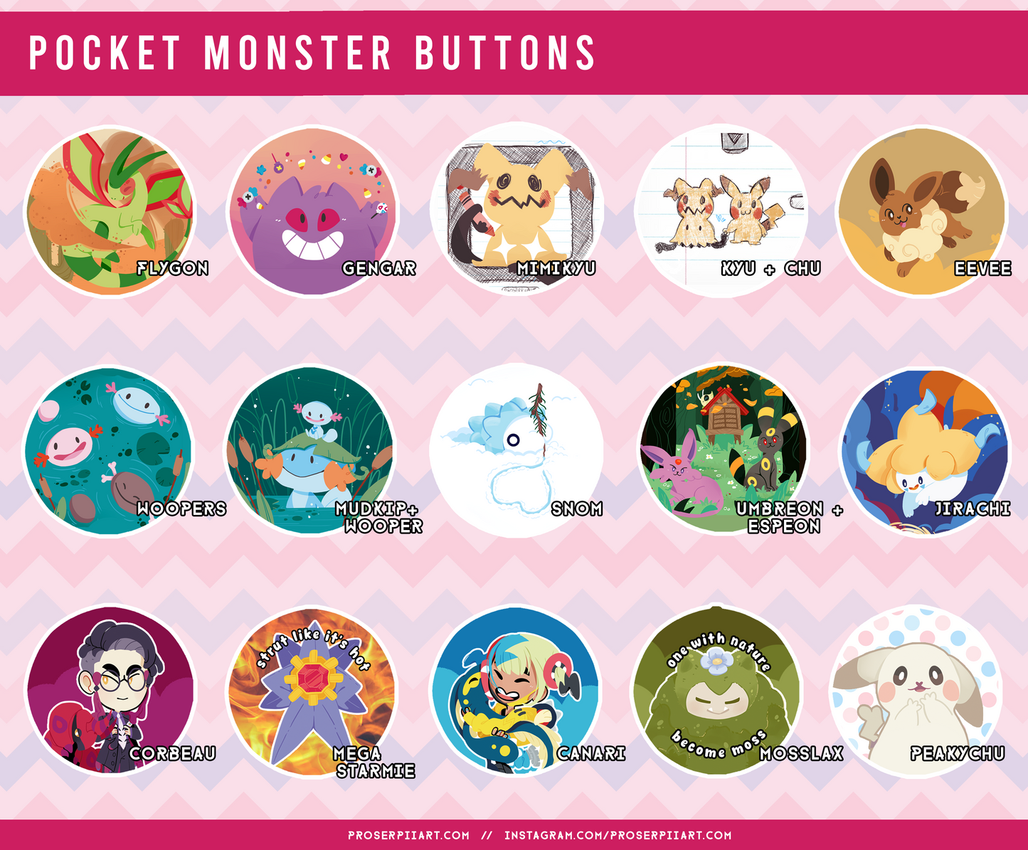 Cute Pocket Monster Inspired Buttons