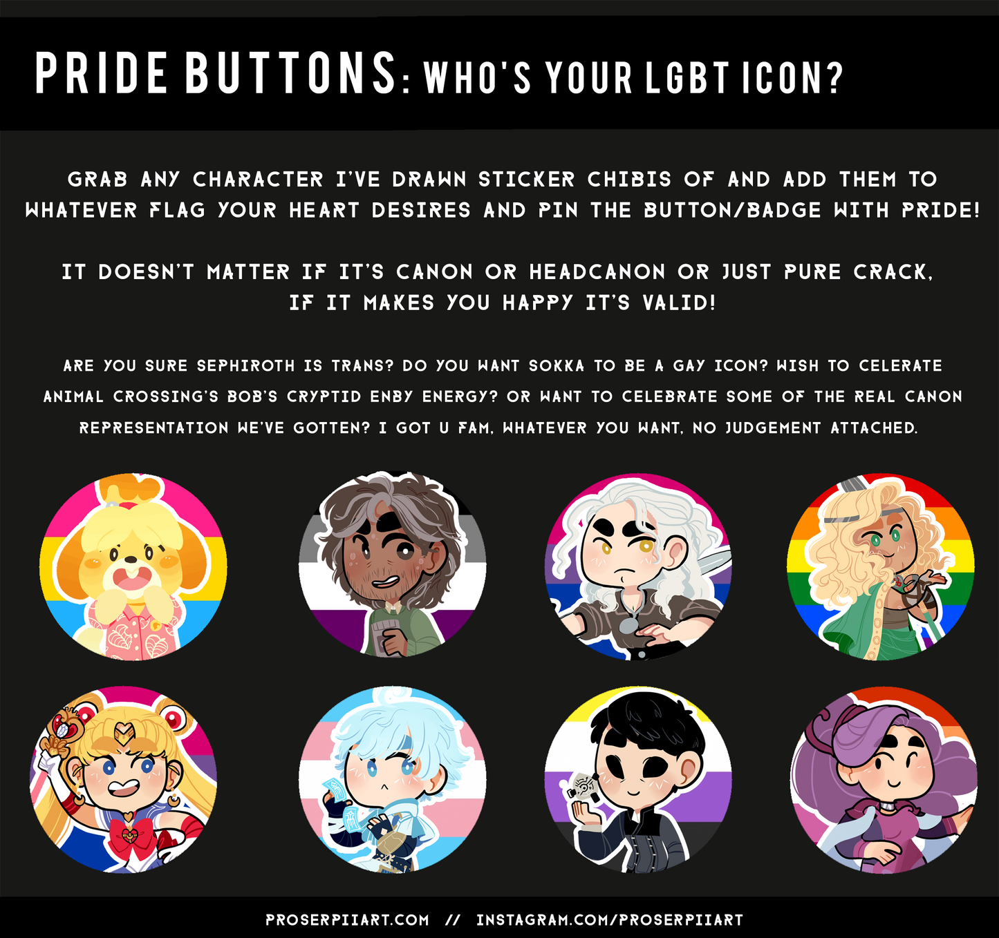 Build-A-Pride-Button! 38mm / 1.5" LGBT+ buttons with any character available in my shop <3