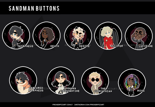 Neil Gaiman Morpheus and Friends Buttons